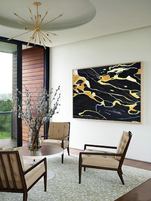Handmade Large Painting,Hand Painted Oversized Horizontal Abstract Marble Art On Canvas,Huge Abstract Canvas Art,Earthy Yellow ,Black,White.etc